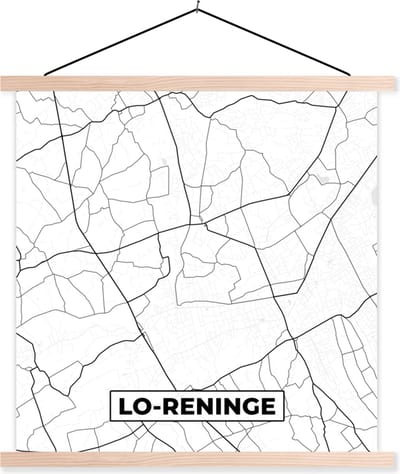 Posterhanger incl. Poster 40x40 cm - Schoolplaat - België – Lo Reninge – Stadskaart – Kaart – Zwart Wit – Plattegrond - Textielposter - Blanke latten - Stadskaart
