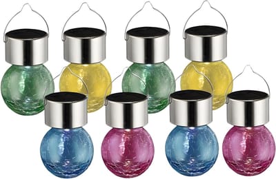 Solar sfeer hanglamp - 12x stuks - geel / groen / roze / blauw - 9 cm - glas - aan haak