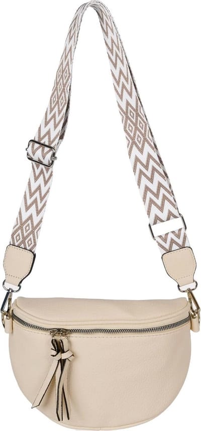 Dames Halve Maan Crossbody Schoudertas - Effen, Verstelbare Schouderriem met Zigzag Ruitpatroon, Beige, Eén Maat