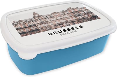 Broodtrommel Blauw - Lunchbox - Brooddoos - België - Brussel - Huizen - 18x12x6 cm - Kinderen - Jongen