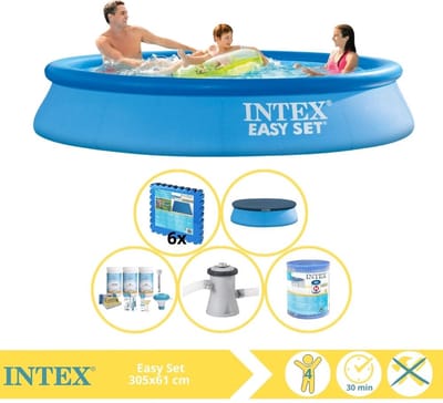 Intex Rond Opblaasbaar Easy Set Zwembad - 305 x 61 cm - Blauw - Inclusief Afdekzeil - Onderhoudspakket - Zwembadfilterpomp - Filter - Vloertegels - 6-delig