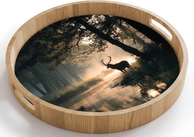 Dienblad rond 40x40 cm - Schootdienblad hout - Hert - Bosbeek - Mystiek - Borrelplank rechthoek - Plateau houten dienbladen