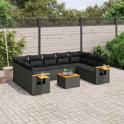 vidaXL - 10-delige - Loungeset - met - kussens - poly - rattan - zwart