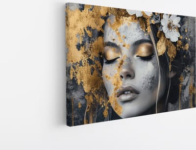 Saammp - Canvas Schilderij - Vrouw - Bloemen - Goud - Abstract - 30x20 - Foto op canvas - Wanddecoratie - Muurdecoratie Woonkamer - Slaapkamer decoratie - Canvas Print