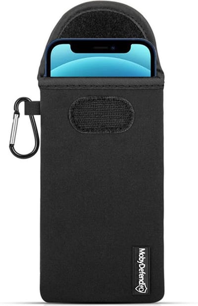 MobyDefend Hoesje - Geschikt voor iPhone 12 Pro - Neopreen Pouch Met Karabijnhaak - Insteek - Riemlus - Zwart