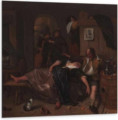Dibond - Oude Meesters - Het dronken paar, Jan Havicksz. Steen, ca. 1655 - 1665 - 100x100cm Foto op Aluminium (Wanddecoratie van metaal)