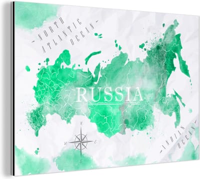 Aluminium schilderij 150x100 cm - Wanddecoratie metaal - Wereldkaart - Rusland - Groen - Metalen muurdecoratie woonkamer - Decoratie industrieel - Foto op dibond - Industriële accessoires slaapkamer