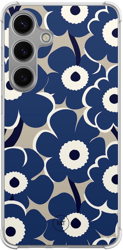 Hoesje (shockproof) geschikt voor Samsung Galaxy S24 - Abstract bloom - Extra sterke case - TPU/polycarbonaat - Bloemen - Blauw, Transparant
