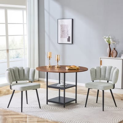 Set Tafel En Stoelen - Ronde Eettafel Met Dubbele Opbergplanken En 2 Bouclé Eetkamerstoelen - Voor Eethoek - Hout Metaal Crèmegrijs