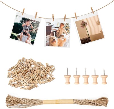 156 Stuks Wasknijpers - 2.5cm Houten Klemmen - Natuur Clips - Met 10m Jute Touw en 5 Spijkers Voor Het Ophangen Van Foto's - Ansichtkaarten - Huisdecoratie Bruiloften