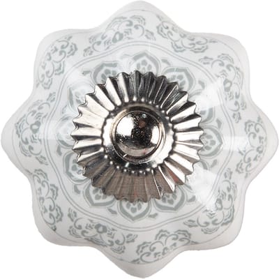 Clayre & Eef Deurknop Ø 4.5 cm Wit Grijs Keramiek Bloemen