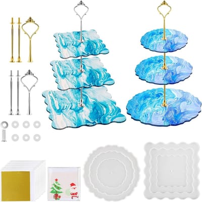 Set van 2 epoxyhars mallen voor standaard taarten, 3 lagen, siliconen mal, metalen staaf, fruitdecoratie, taartstandaard, cupcakes en desserts