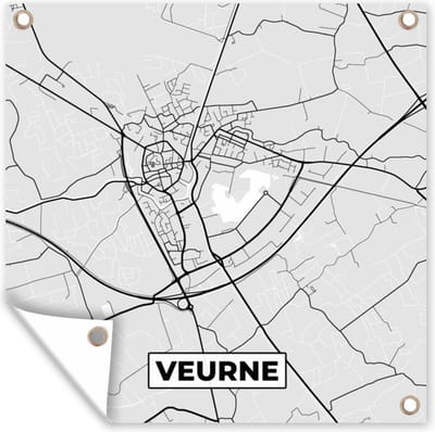 Tuin poster Zwart Wit – België – Plattegrond – Stadskaart – Kaart – Veurne - 200x200 cm - Tuindoek