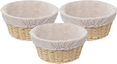 5Five - 3x - Broodmand Bistro plus - gevlochten papier/stof - creme wit - 21 x 10 cm - rond