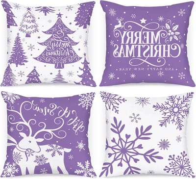 EGoods - Set van 4 kerst kussenslopen in wit en paars met marineblauw winter sneeuwvlok design - 40 x 30 cm - Decoratieve Xmas kussenhoes voor binnen - Sierkussensloop voor bank - Huiselijke sfeer