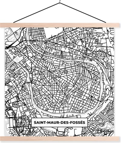 Posterhanger incl. Poster 40x40 cm - Schoolplaat - Plattegrond - Kaart - Frankrijk - Saint-Maur-des-Fossés - Stadskaart - Zwart wit - Textielposter - Blanke latten - Stadskaart