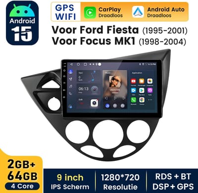 HexinexMarket - 9" Autoradio Geschikt voor Ford Focus MK1 Fiesta - Draadloos CarPlay Android Auto multimediaspeler GPS Navi - 2GB+64GB