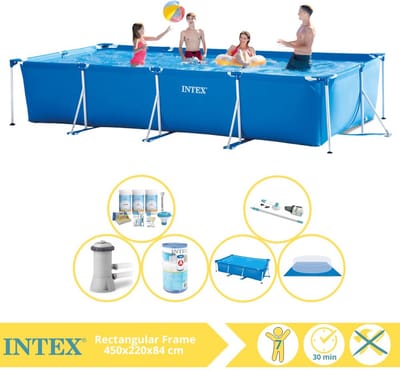Intex Rechthoekig Frame Zwembad - 450 x 220 x 84 cm - Blauw - Inclusief Solarzeil - Onderhoudspakket - Zwembadfilterpomp - Filter - Grondzeil - Stofzuiger - 7-delig
