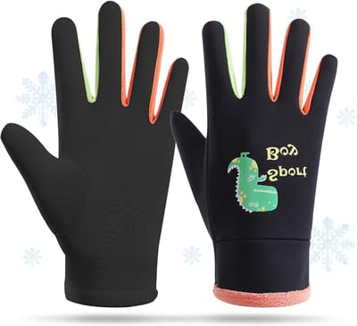 Waterdichte Kinderski Handschoenen met Dinosauruspatroon voor Winter - Volledige Vingers, Warm en Comfortabel voor Peuters en Kinderen van 3-7 Jaar in Zwart