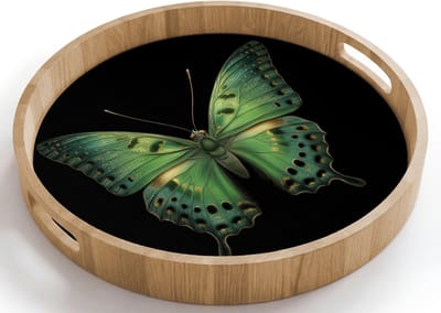 Dienblad rond 40x40 cm - Schootdienblad hout - Vlinder - Groen - Diepte - Borrelplank rechthoek - Plateau houten dienbladen