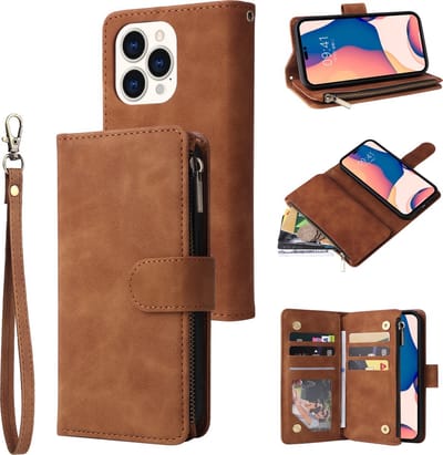 YPCd Wallet Case Pasjeshouder met Rits – Geschikt voor Apple iPhone 14 Pro – Luxe Bookcase Hoesje met 6 Pasjesvakken & Polsbandje – Bruin