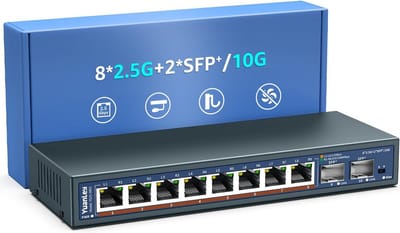 10-poorts unmanaged Ethernet-switch - 2,5G Base-T en 10G SFP - VLAN, fanless, desktop/wandmontage