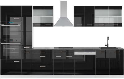 Vicco R-Line Complete keukeneenheid – 350 cm met hoge kast, WB Antraciet Zwart hoogglans/wit