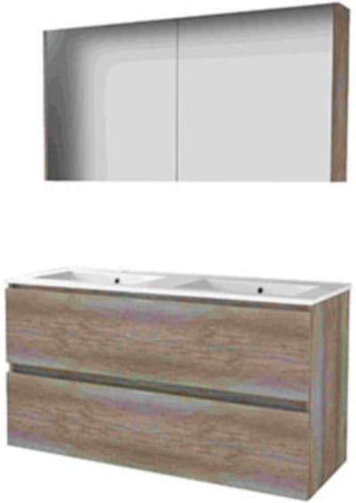 Basic-Line Comfort 46 Badkamermeubelset - 120 x 46 cm - Greeploos - 2 Lades - Keramische Wastafel - 2 Kraangaten - Spiegelkast - Scotch Oak