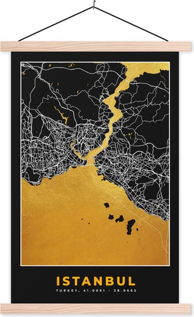 Posterhanger incl. Poster 40x60 cm - Schoolplaat - Istanbul - Plattegrond - Goud - Stadskaart - Kaart - Textielposter - Blanke latten - Stadskaart