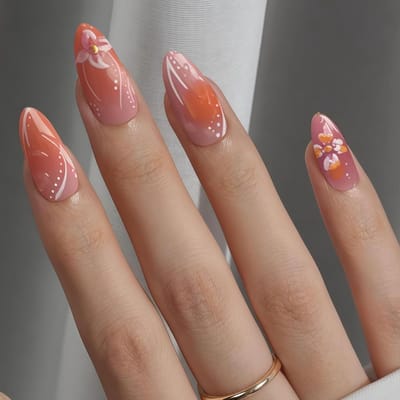 24 Stuks Press on Nails Korte Amandelvorm, 3D Bloem Design, Watergolf Effect, Glanzende Lente Nagels met Lijm, Rode Franse Valse Nagels voor Een Perfecte Manicure