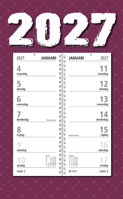 MGPcards - Omlegweekkalender 2027 - Week begint op maandag - 21 x 34 cm - Purper