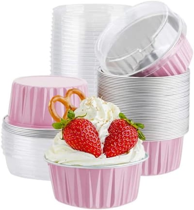 Aluminium Bakbekers - Dessertbekers Muffinblikken - Individuele Desserts Maken - Met Deksel Hittebestendig - 100 Stuks 5 Oz - Roze