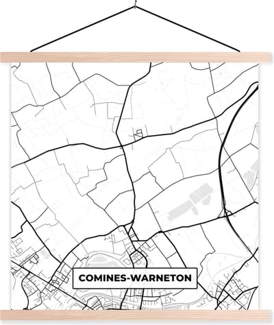 Posterhanger incl. Poster 40x40 cm - Schoolplaat - Zwart Wit – België – Plattegrond – Stadskaart – Kaart – Comines Warneton - Textielposter - Blanke latten - Stadskaart