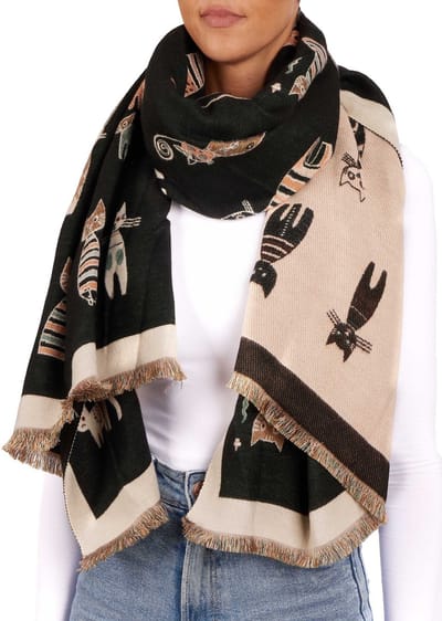 BRUBAKER Cashmirillo Damessjaal met kattenmotief, 70 x 200 cm, warm, zacht en oversized, wollen sjaal , voor dames, zacht kasjmier-gevoel, Zwart, One size - Moederdag Cadeautje