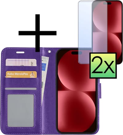 Hoesje - Met 2x Screenprotector - Geschikt voor Apple iPhone 15 - Luxe Pasjeshouder - Bookcase Portemonee - Flip Case - Kunstleer Book Case - Flipcase Hoes - Book Cover - Walletcase - Portemonneehoes - Paars
