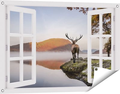 Gards Tuinposter Doorkijk Hert bij een Meer - 90x60 cm - Tuindoek - Tuindecoratie - Wanddecoratie buiten - Tuinschilderij