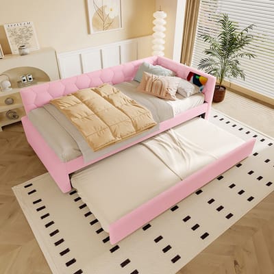 Komhtom Rustbed, 90*200 cm Rustbed, slaapbank, bed met lattenbodem (zonder matras), met bedlampje, met multifunctioneel uitschuifbed, USB-poort, type C, comfortabel materiaal, imitatiepool, roze