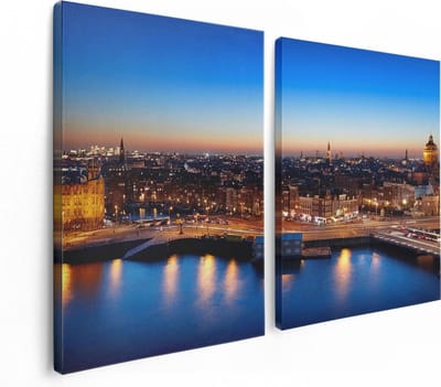 Artaza Canvas Schilderij Tweeluik Amsterdam Centrum In De Nacht - 120x80 cm - Wanddecoratie Woonkamer - Schilderijen - Muurdecoratie