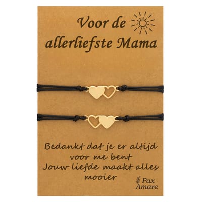 Moeder Kind Armbandjes voor 2 "Voor de Allerliefste Mama" - Hartjes - Vriendschapsarmbandjes met Persoonlijk Cadeau Kaartje - Goudkleurig - Elastisch Verstelbaar - Pax Amare