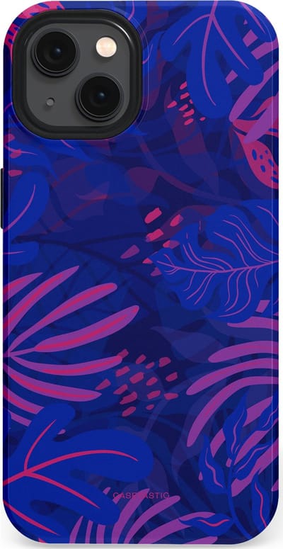 Casetastic hoesje geschikt voor Apple iPhone 13 - MagSafe - Dubbellaagse bescherming - Neon jungle blad - Fashion Case - Donkerblauw Lavendel Roze