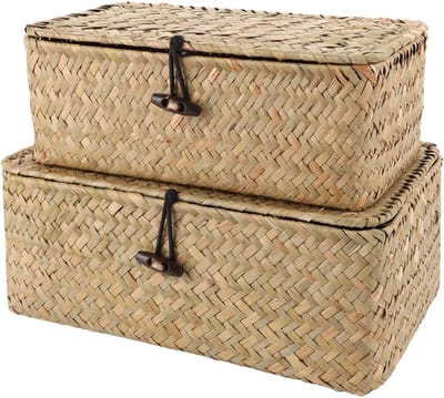 Set van 2 Seagrass Opbergmanden met Deksel voor Kleding, Boeken en Cosmetica - Grote en Kleine Formaat