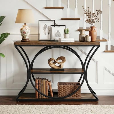 LITTLE TREE Industrieele Console Tafel - 105 X 30 X 80 Cm - 3-Laags Met Opbergplanken - Gebogen Metalen Onderstel - Multifunctionele Smalle Tafel - Voor Thuisgebruik - Bruin