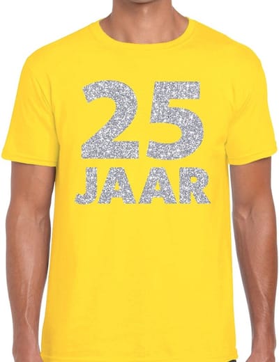 25 jaar verjaardag t-shirt - geel - voor heren - zilver glitters print - jubileum - leeftijd - korte mouwen S
