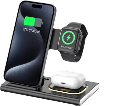 Namajunas - 4 in 1 Draadloze Oplader - 15W Iphone Oplader - Snellader iphone - Geschikt voor iphone (8-17) - AirPods & iWatch - Wireless charger - GSM Lader - Draadloos Qi Station - Opvouwbaar - Zwart