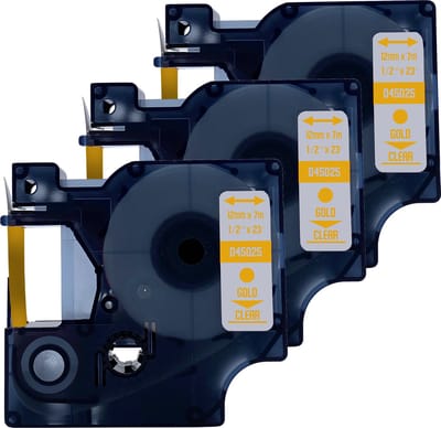 DULA Dymo D1 45025 Compatible label tape - 3 lettertapes - Goud op transparant - 12mm x 7m