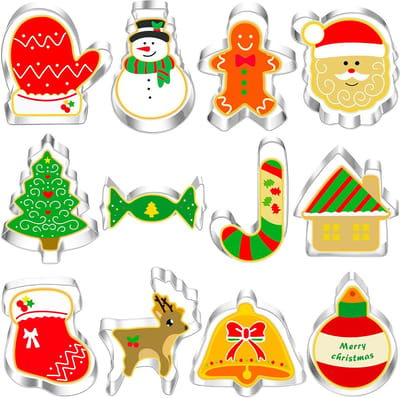 Set van 12 uitsteekvormen voor Kerstmis, uitsteekvormpjes van roestvrij staal, kerstuitsteekvormen voor decoratie koekjes/cake/koekjes/gebak, koekjessnijders Kerstmis, 12 stuks