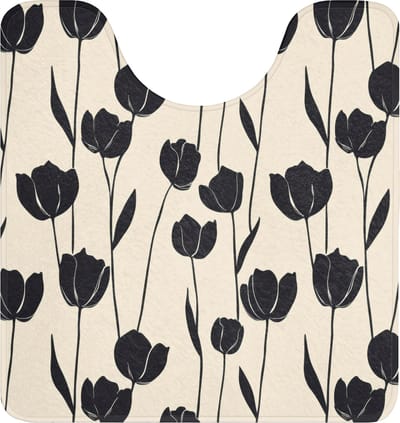 WC mat met uitsparing 55x60 cm - Antislip - Tulpen - Patroon - Zwart - Toiletmat met uitsnijding - Vloermat - Douchemat - Toilet tapijt - Toiletmatten