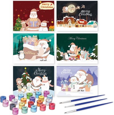 Rubye® Schilderen Op Nummer – Knutselset DIY Kerstkaarten – Inclusief Verf en Penselen – 6 stuks - Kleurenmix