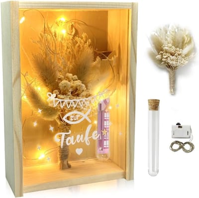 Doopcadeau - geldcadeau voor doop - inclusief gedroogde bloemen - houten doos - kunststof reageerbuis - lichtketting - herinneringsstuk van hout - voor meisjes en jongens