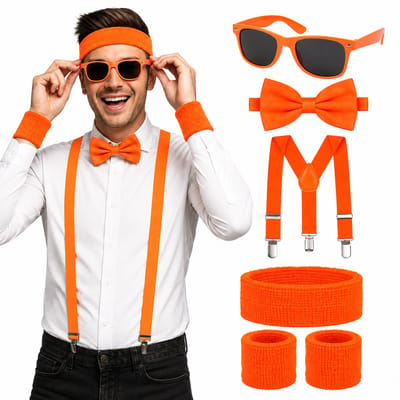 Neon Oranje Partyset UV Blacklight – Partybril, Bretels, Vlinderstrik & Zweetbandjes Set – Oranje Feestaccessoires
